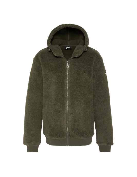 Chaqueta sherpa verde con cremallera y capucha