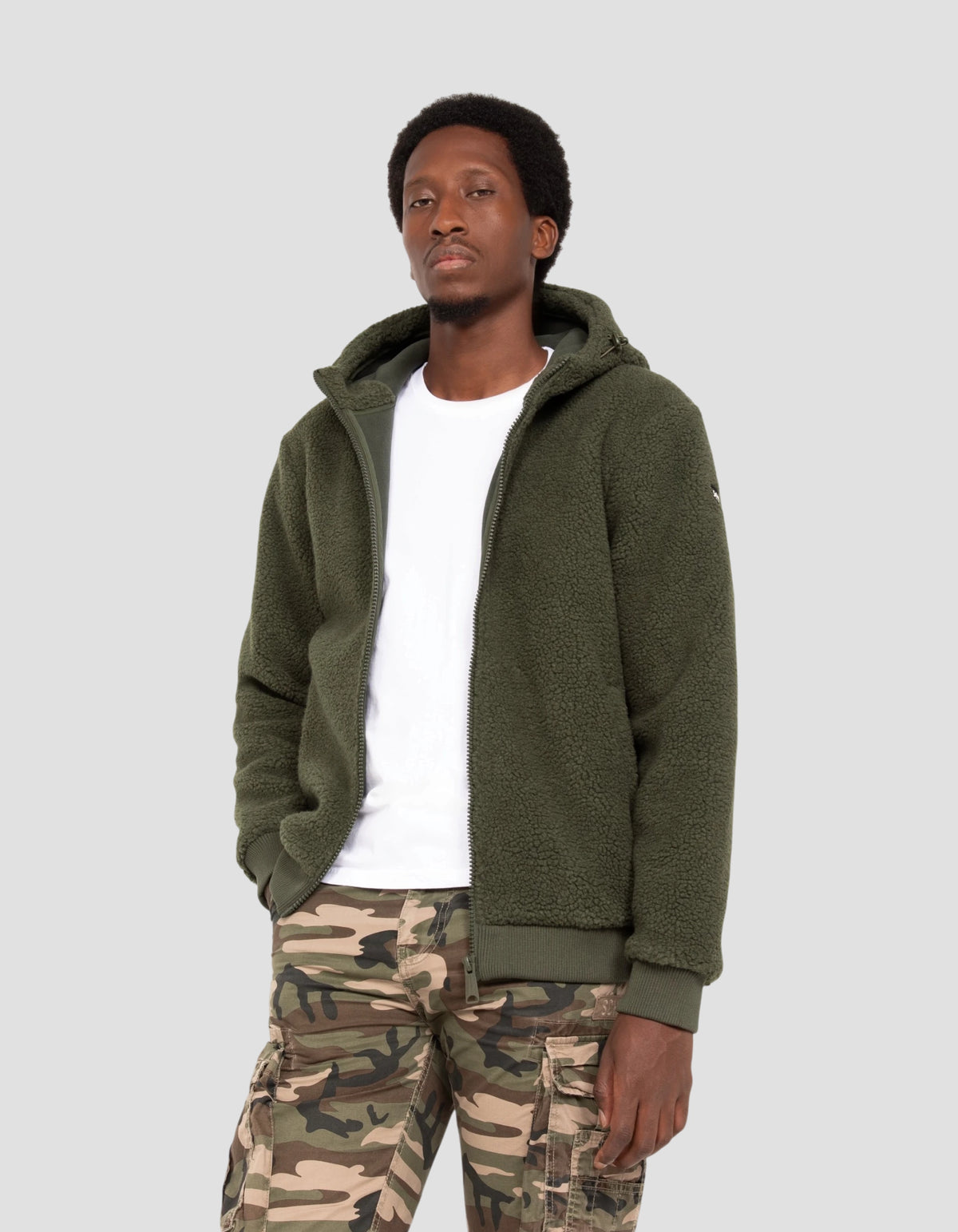 Veste sherpa zippée verte à capuche