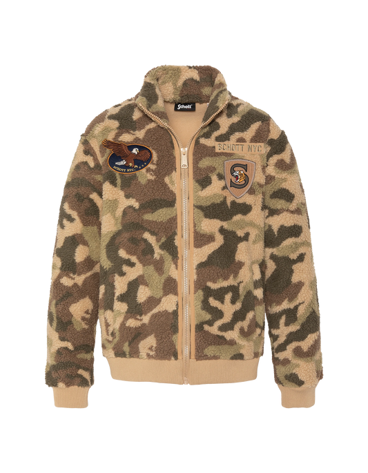Chaqueta sherpa militar con cremallera e insignia de camuflaje