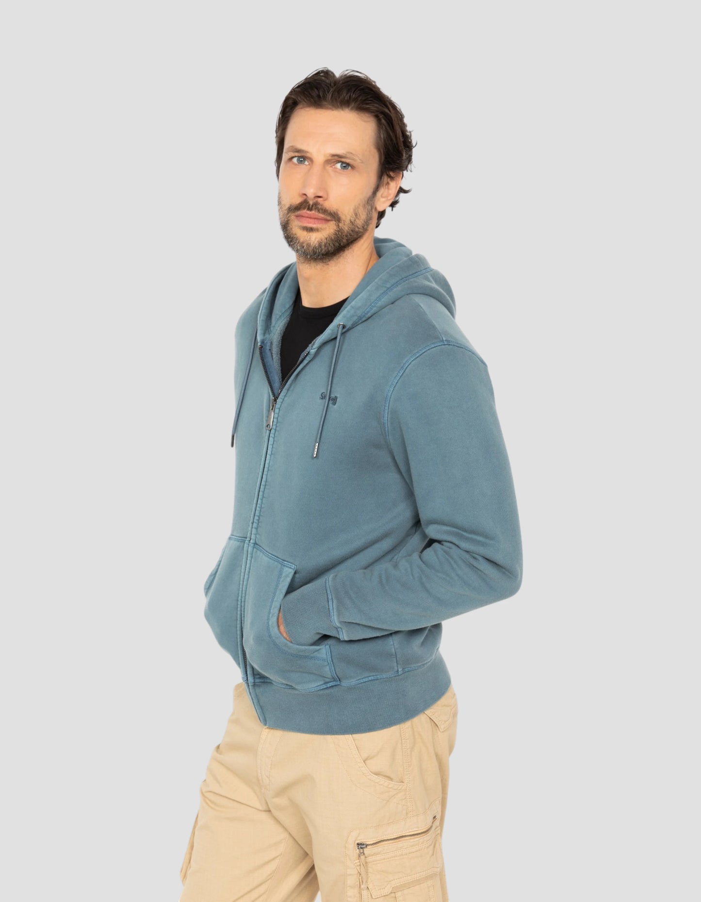 Sweatshirt zippé à capuche bleu minéral, effet délavé