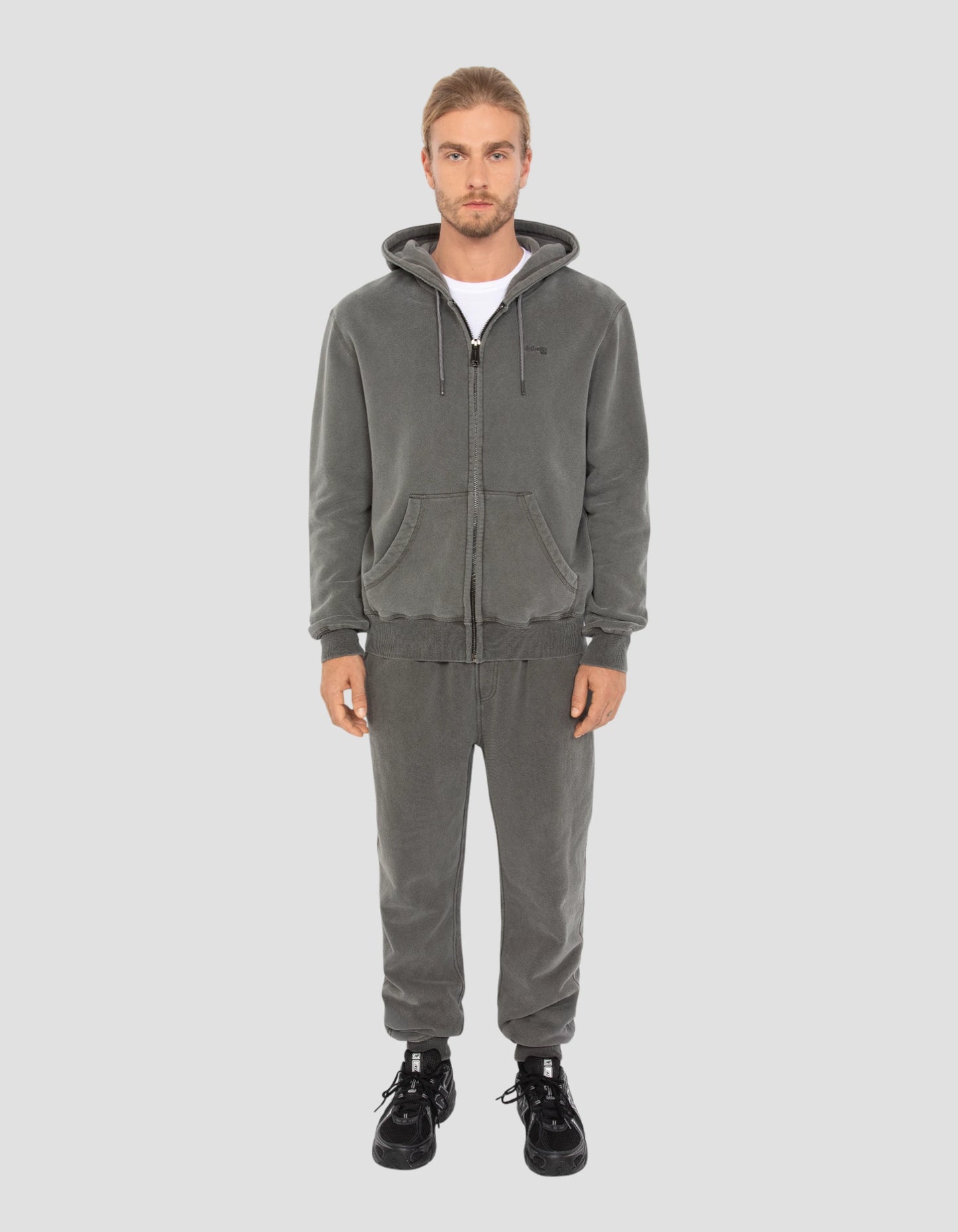 Felpa con cappuccio a carbone zippato, effetto sbiadito