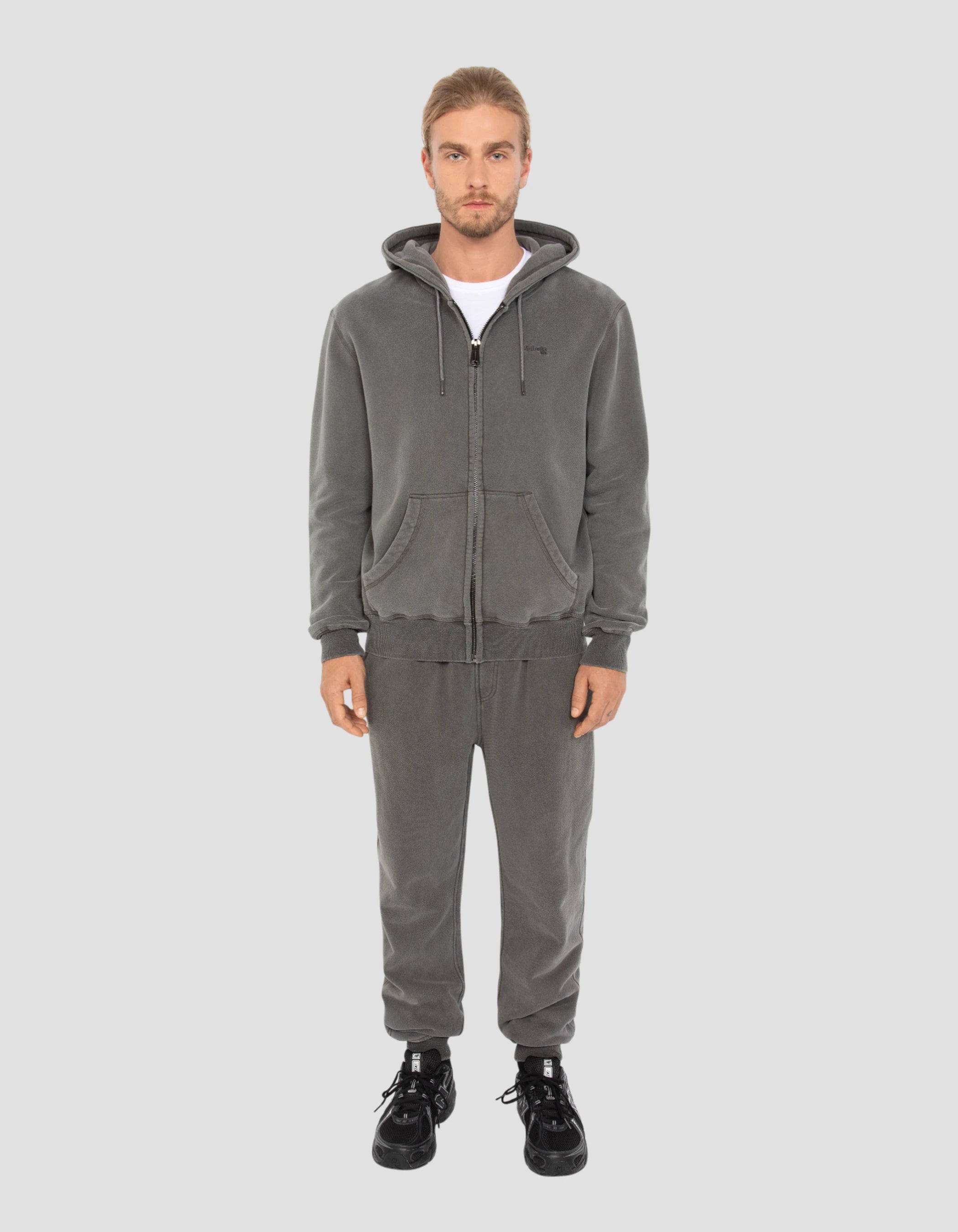 Felpa con cappuccio a carbone zippato, effetto sbiadito-1