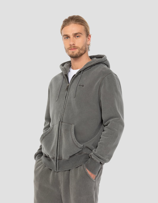Zipped coal hooded sweatshirt, faded effect