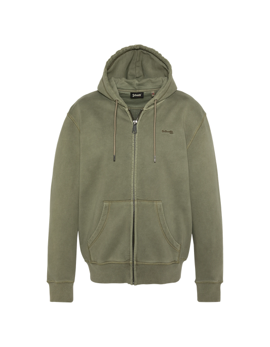 Sweatshirt zippé à capuche kaki, effet délavé