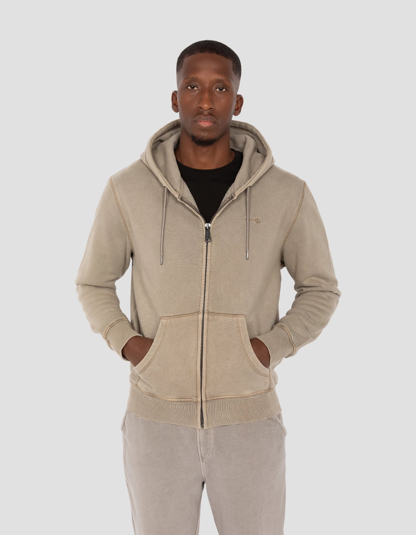 Felpa zippata con cappuccio taupe, effetto sbiadito