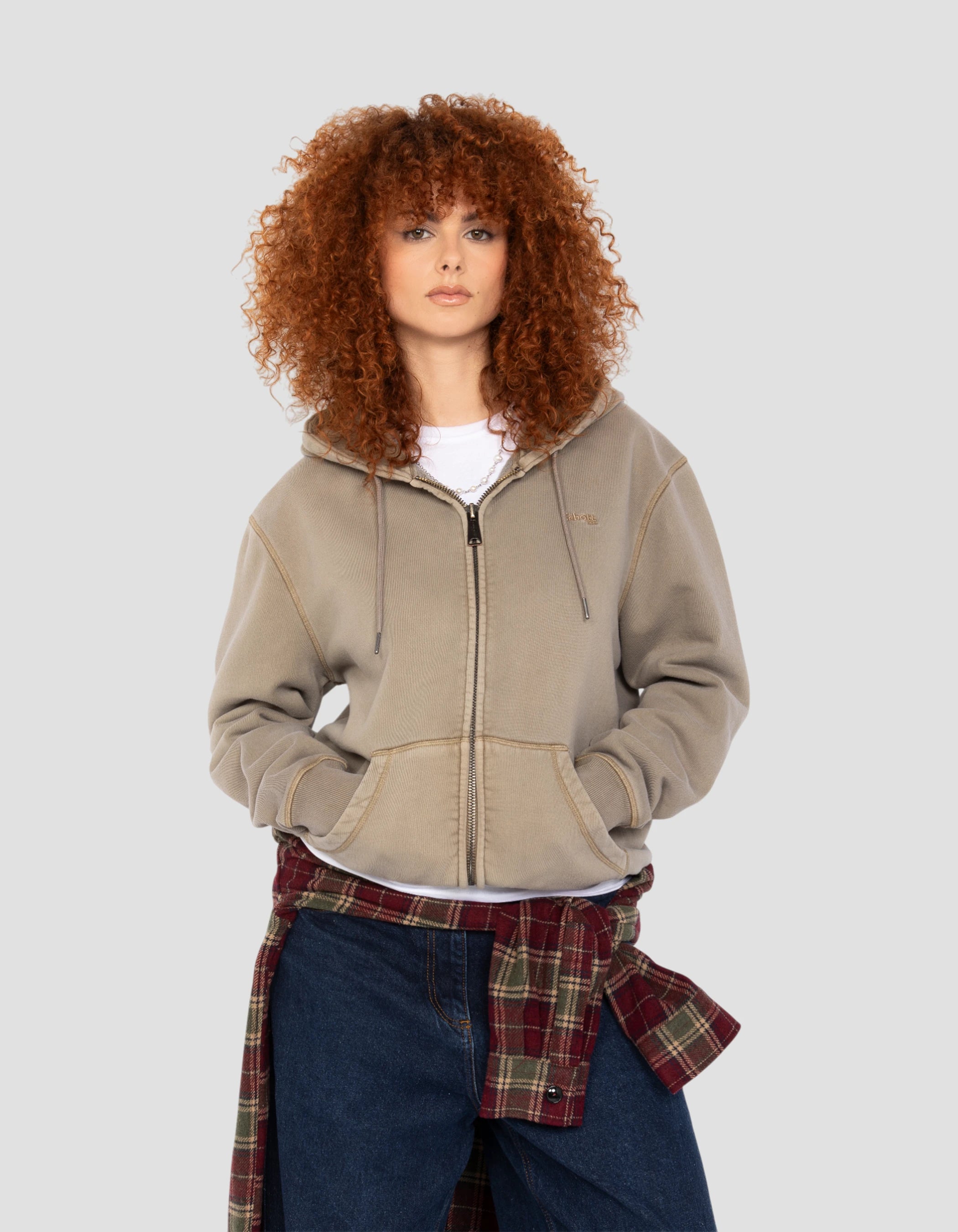 Felpa zippata con cappuccio taupe, effetto sbiadito-3