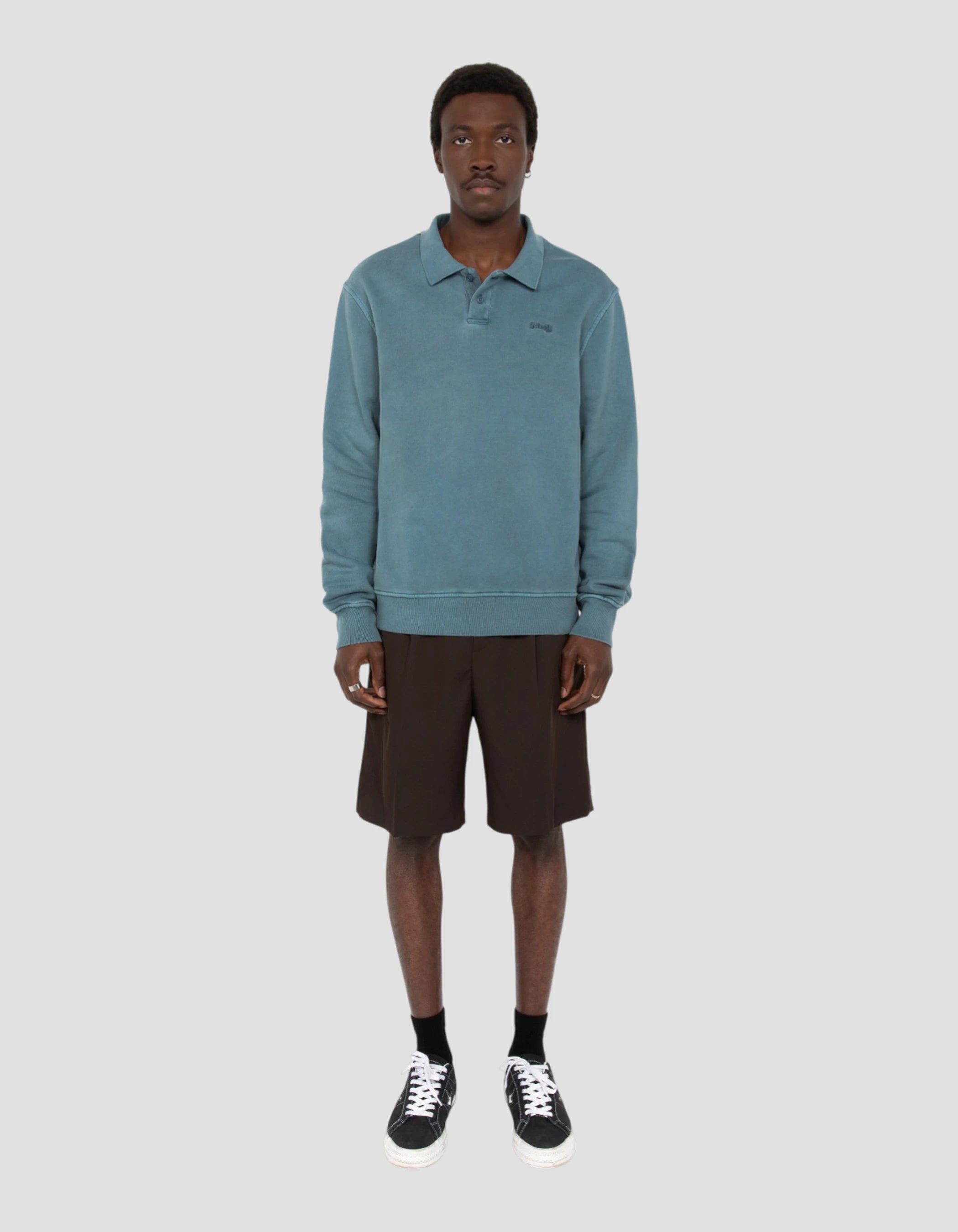 Sweatshirt col polo bleu, effet délavé-1