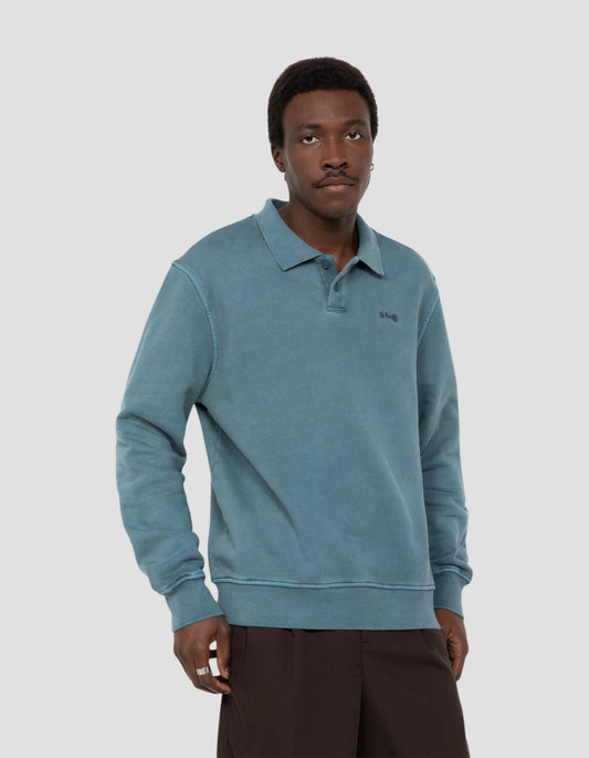 Felpa blu collo polo, effetto delavè