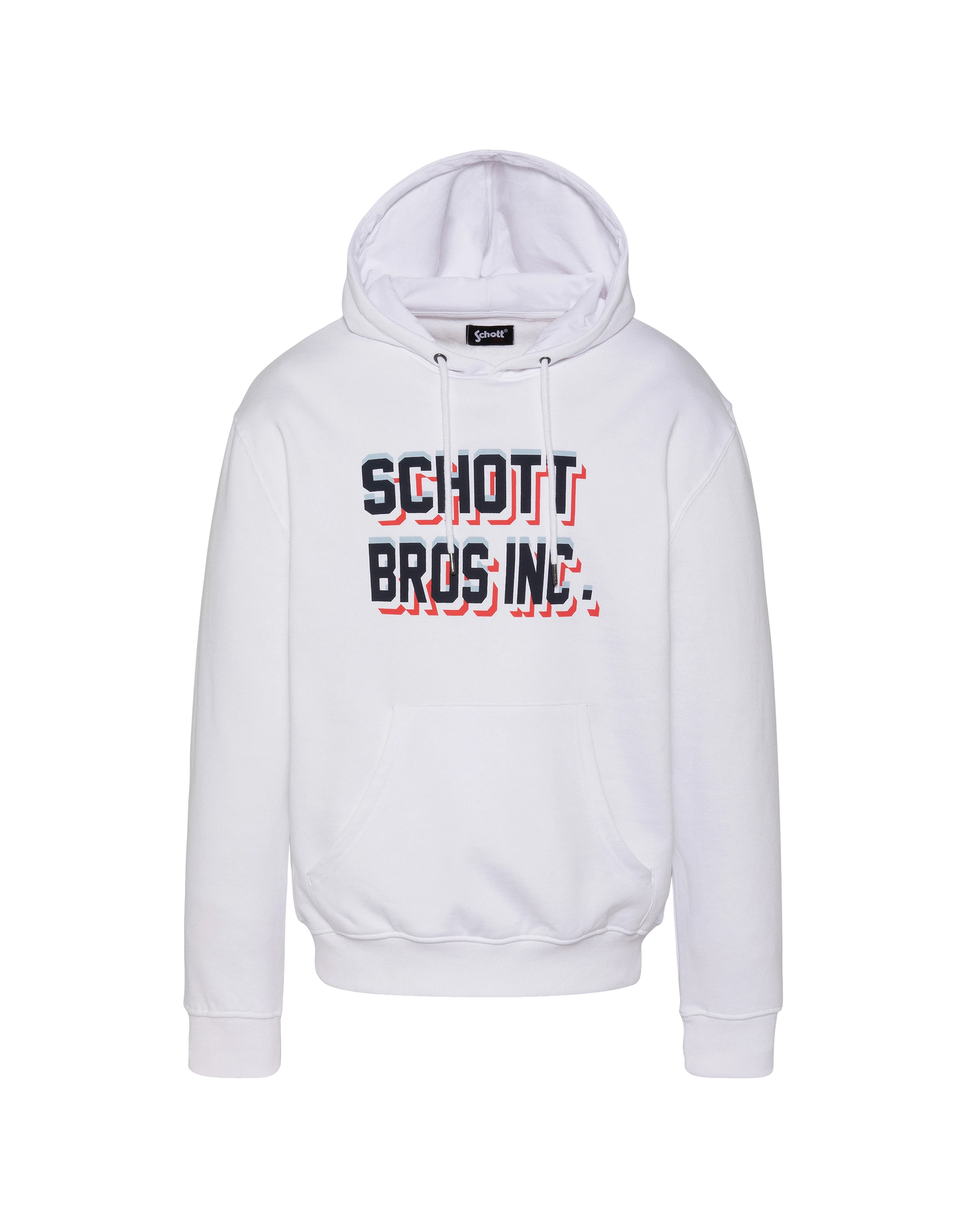White hooded sweatshirt printed “SCHOTT BROS INC. »