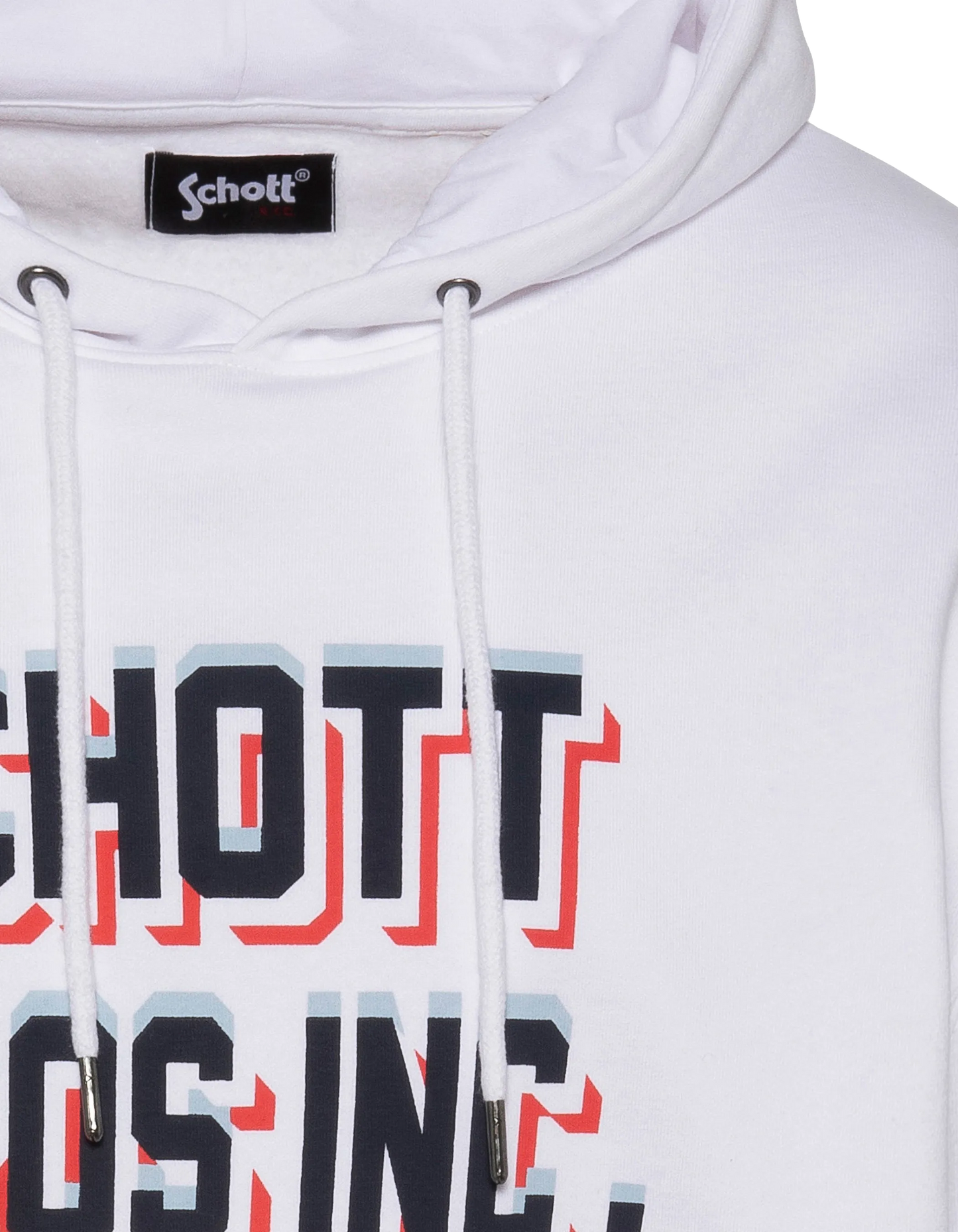 White hooded sweatshirt printed “SCHOTT BROS INC. »