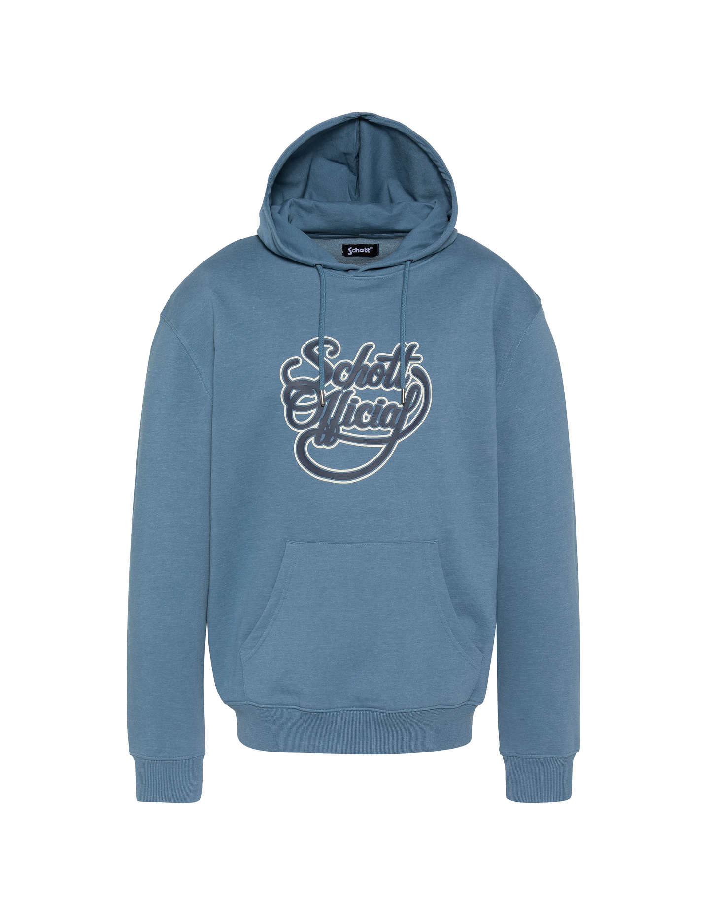 Blaues Jeans-Kapuzensweatshirt mit Schott-Official-Aufdruck