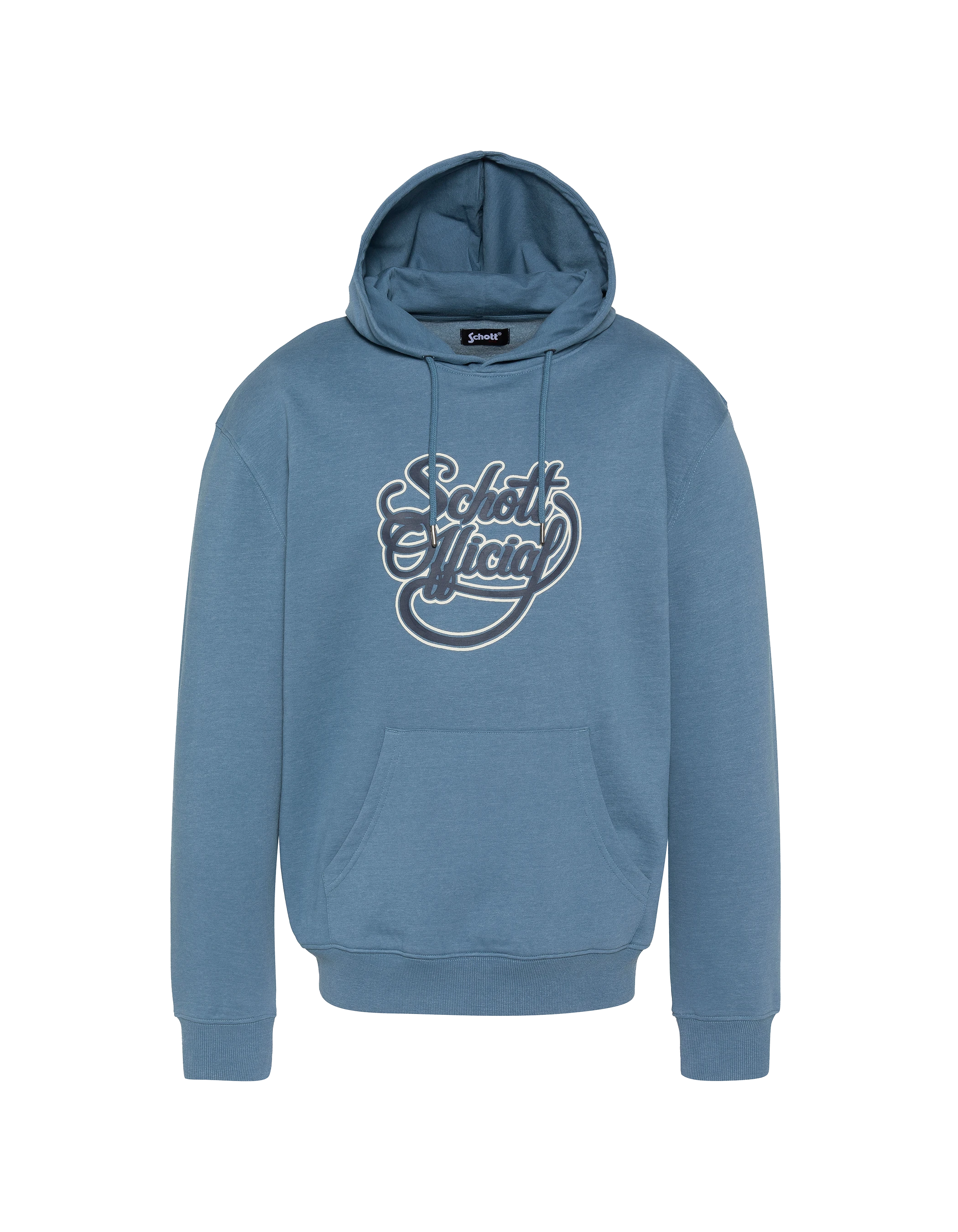 Blaues Jeans-Kapuzensweatshirt mit Schott-Official-Aufdruck-1