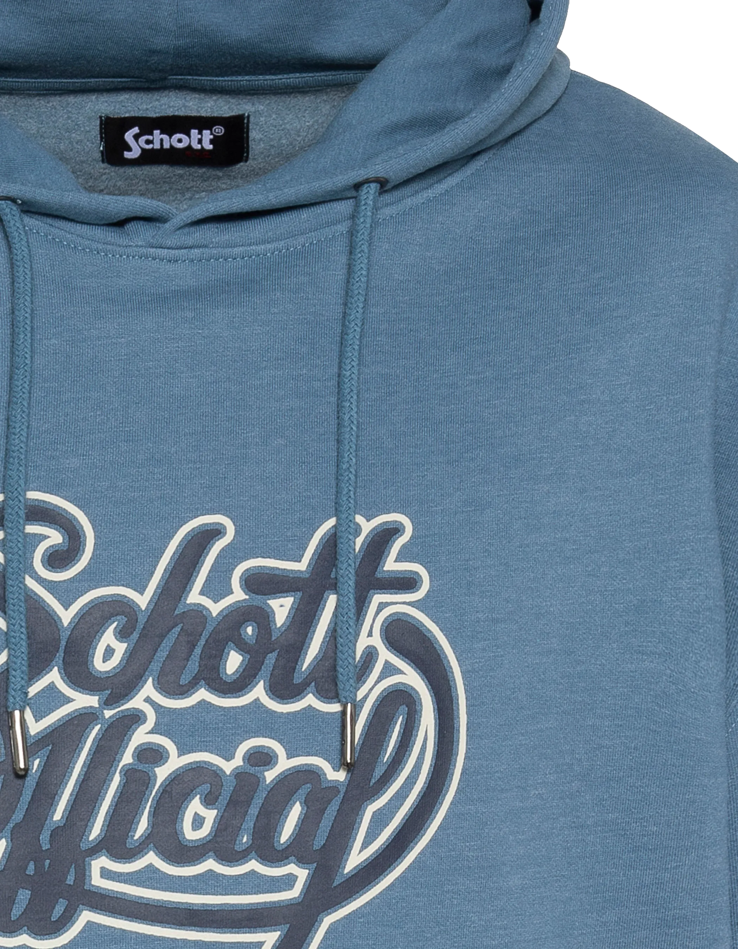 Blaues Jeans-Kapuzensweatshirt mit Schott-Official-Aufdruck