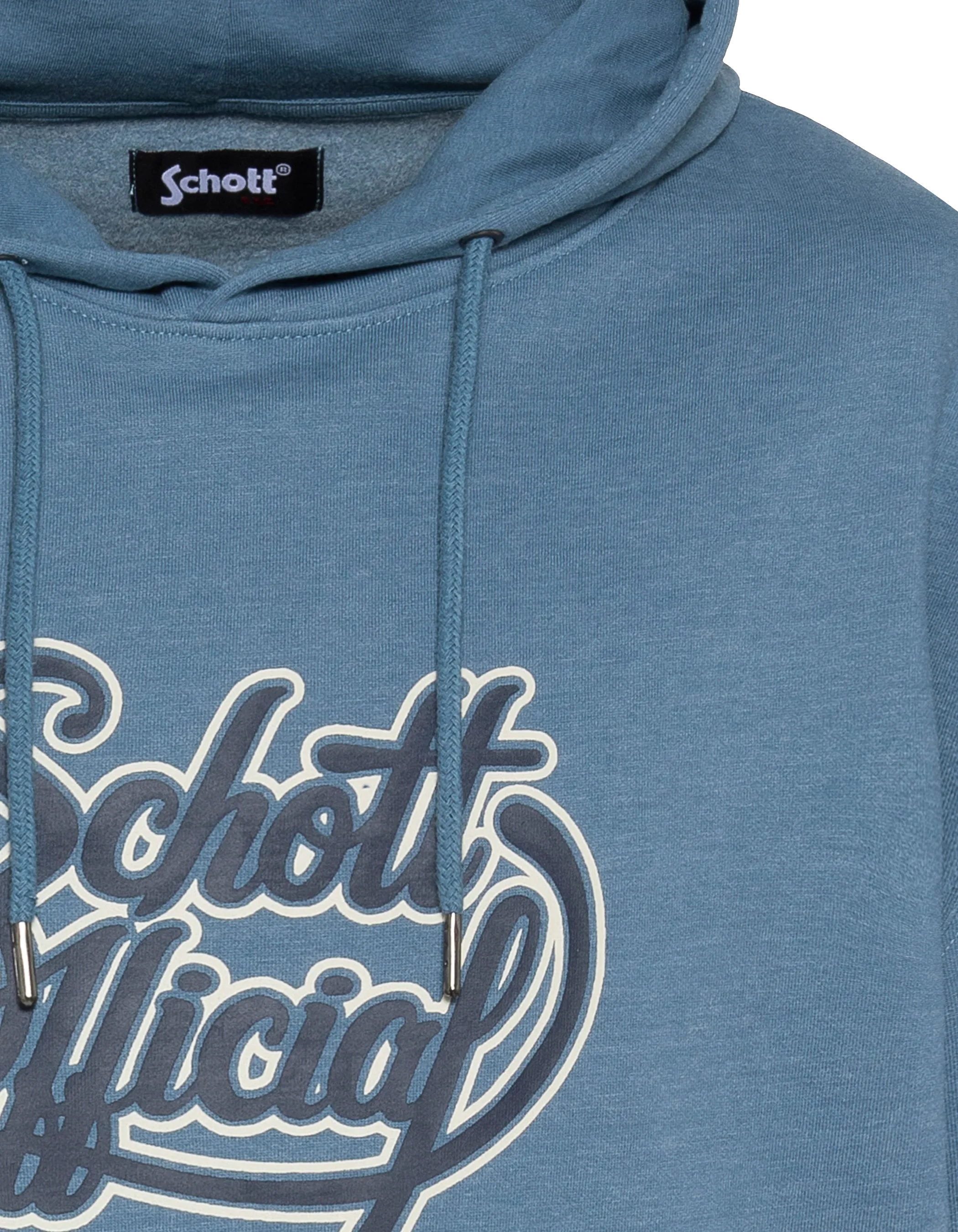 Blaues Jeans-Kapuzensweatshirt mit Schott-Official-Aufdruck-3