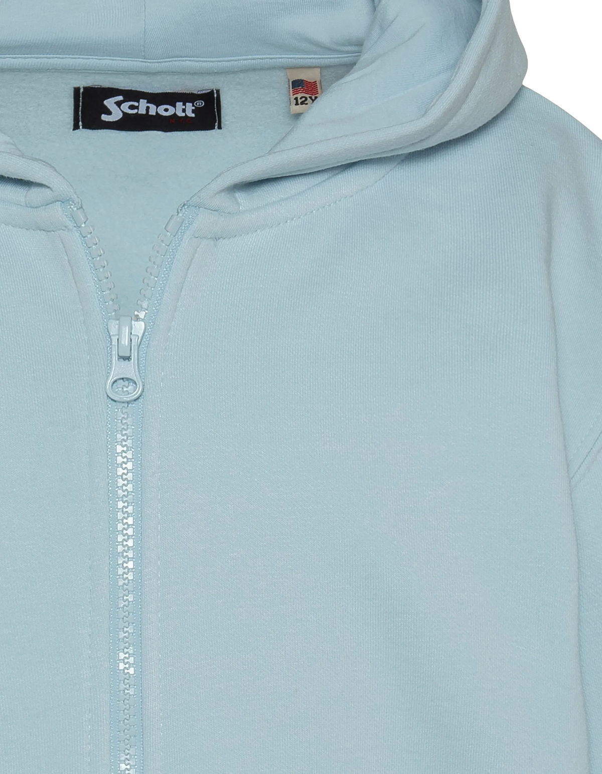 Sudadera infantil azul cielo con capucha, cremallera y estampado en la espalda