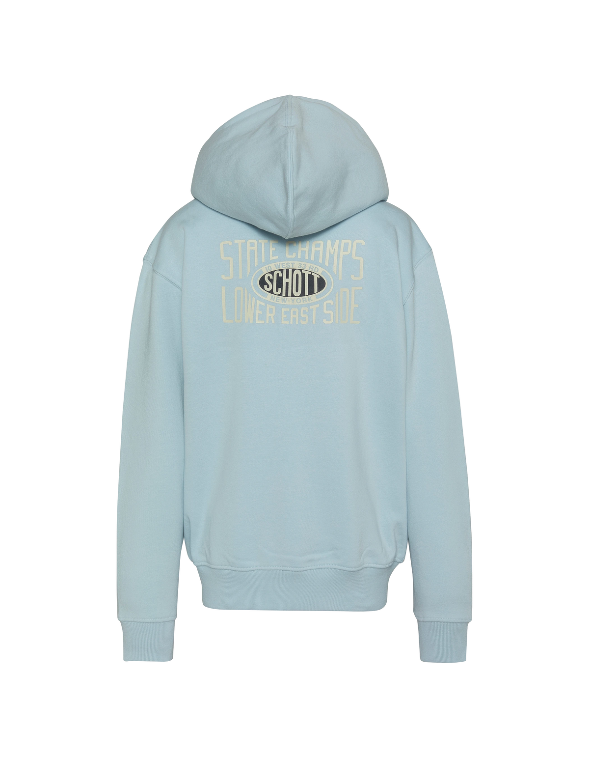 Sudadera infantil azul cielo con capucha, cremallera y estampado en la espalda