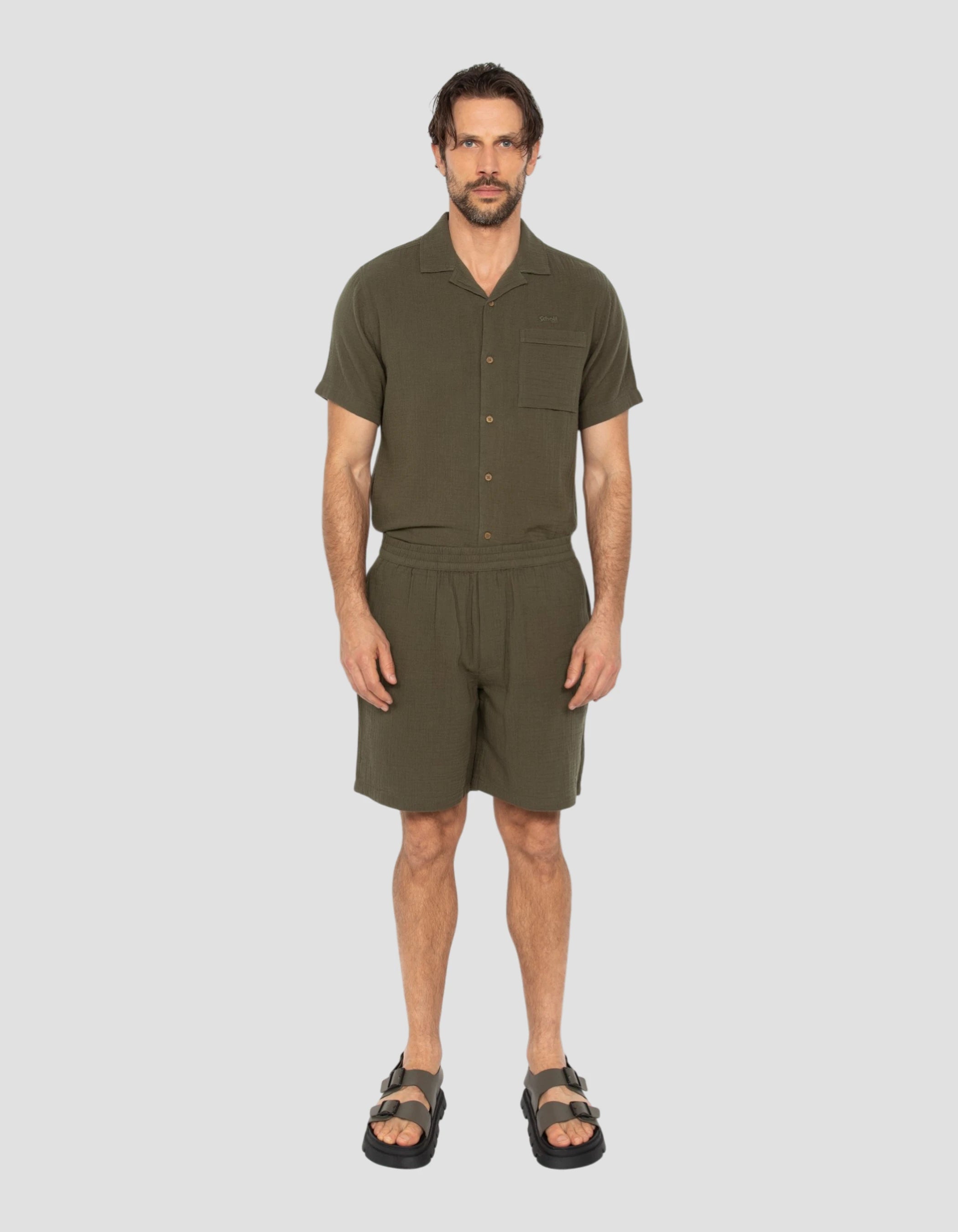 Khaki cotton gauze shorts-4