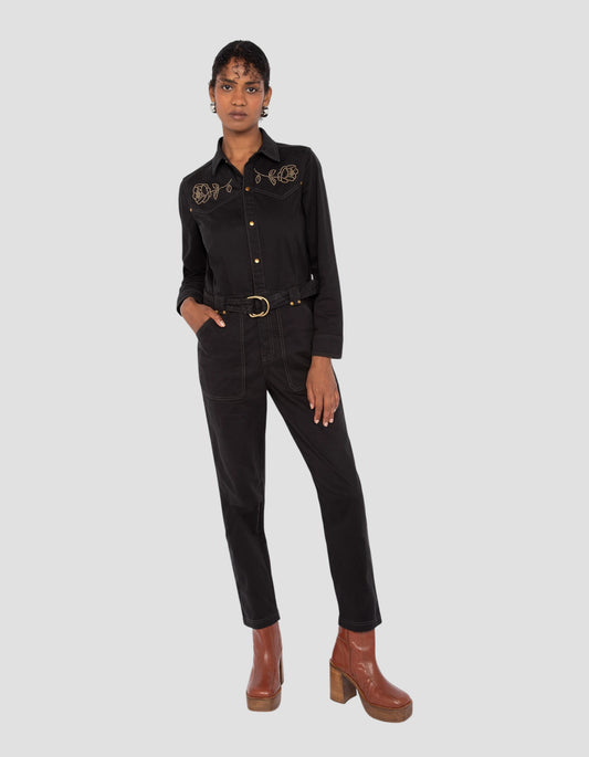 Combinaison western noire motif fleurs cloutées