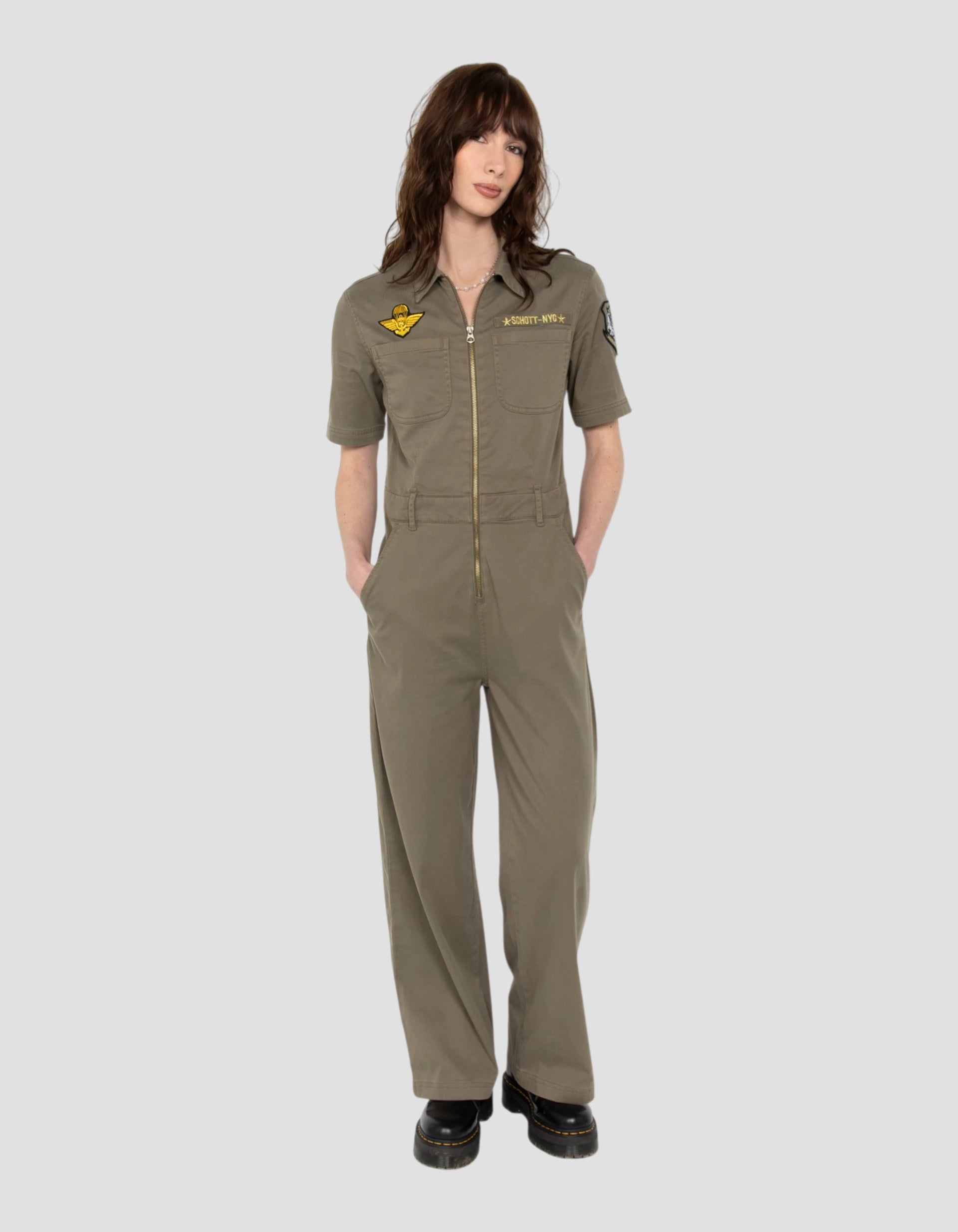 パンツ KOHKI Washed cotton jumpsuit Light khaki jumpsuit short sleeves army - TRJJUDY70W | Schott NYC®