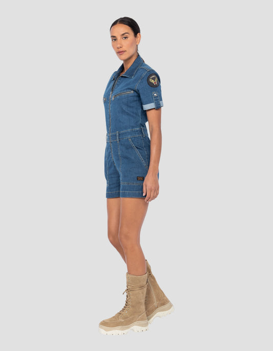 Combishort slim bassuato in jeans blu
