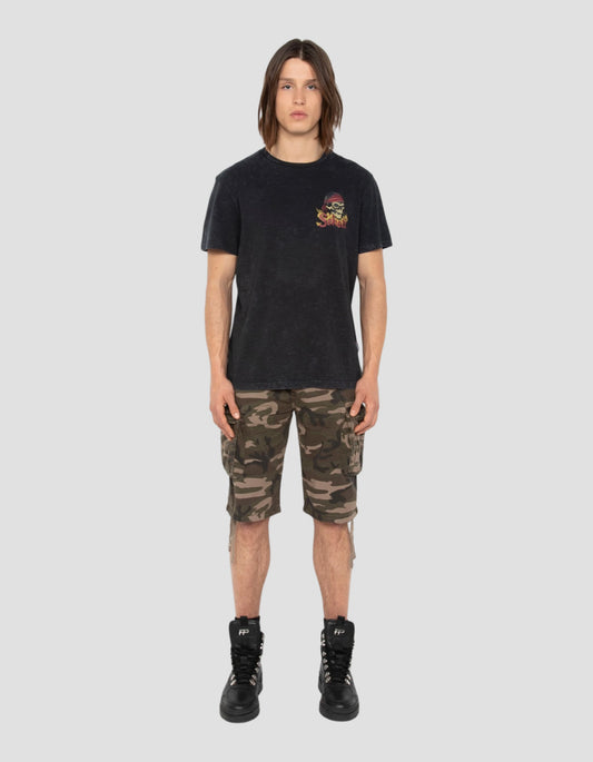 T-shirt biker nera delavè, effetto fiammato