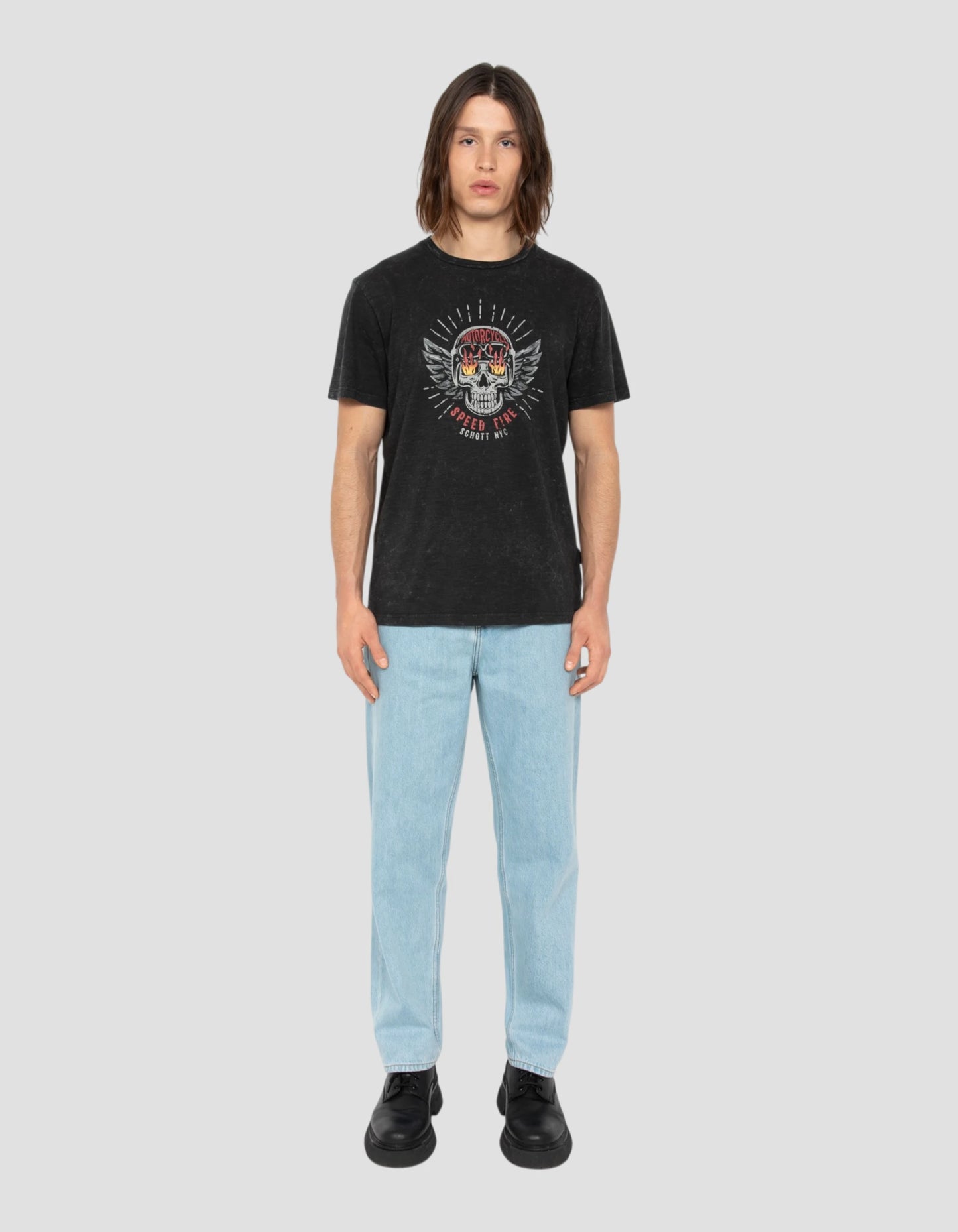 T-shirt biker noir délavé, effet flammé