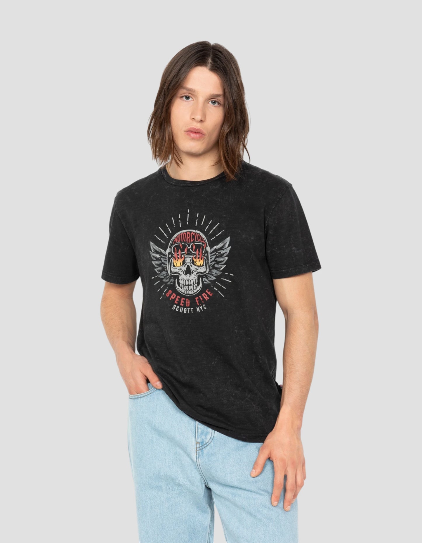 T-shirt biker noir délavé, effet flammé