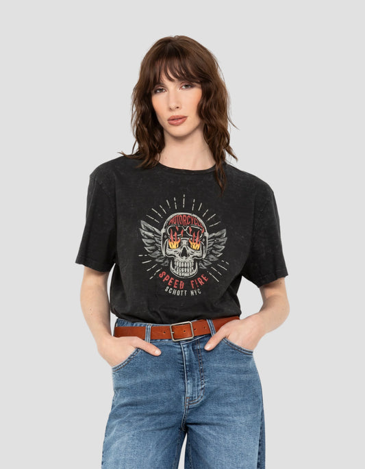 T-shirt biker noir délavé, effet flammé