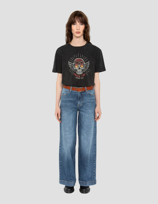 T-shirt biker noir délavé, effet flammé