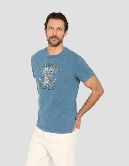 Camiseta biker azul efecto flameado