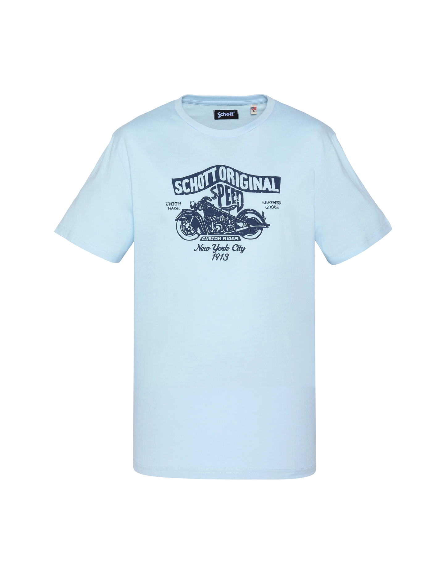 Himmelblaues T-Shirt mit Vintage-Motorrad-Logo-Aufdruck