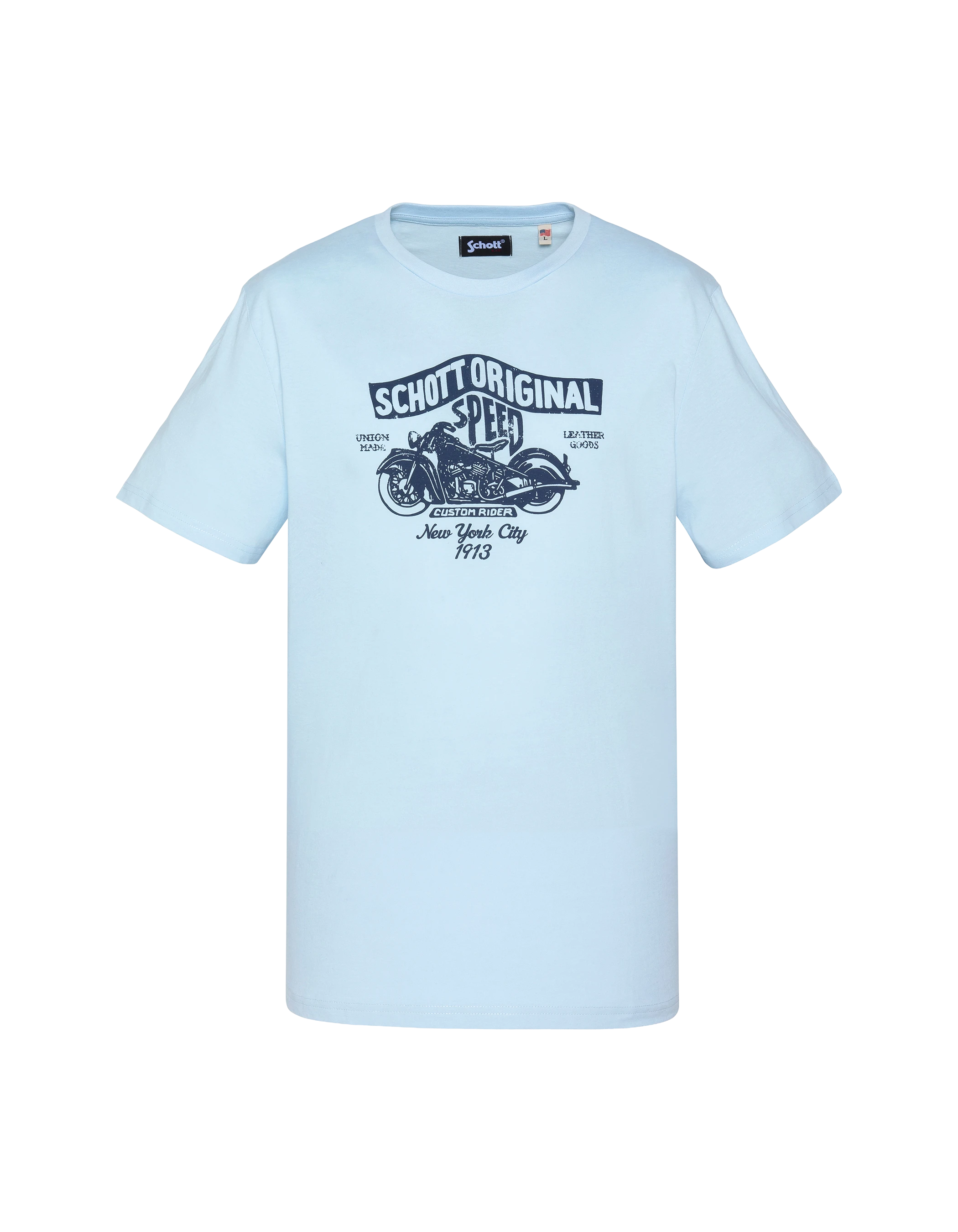 Himmelblaues T-Shirt mit Vintage-Motorrad-Logo-Aufdruck-1