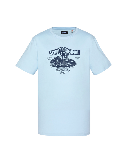 Camiseta azul cielo con estampado logo de moto vintage