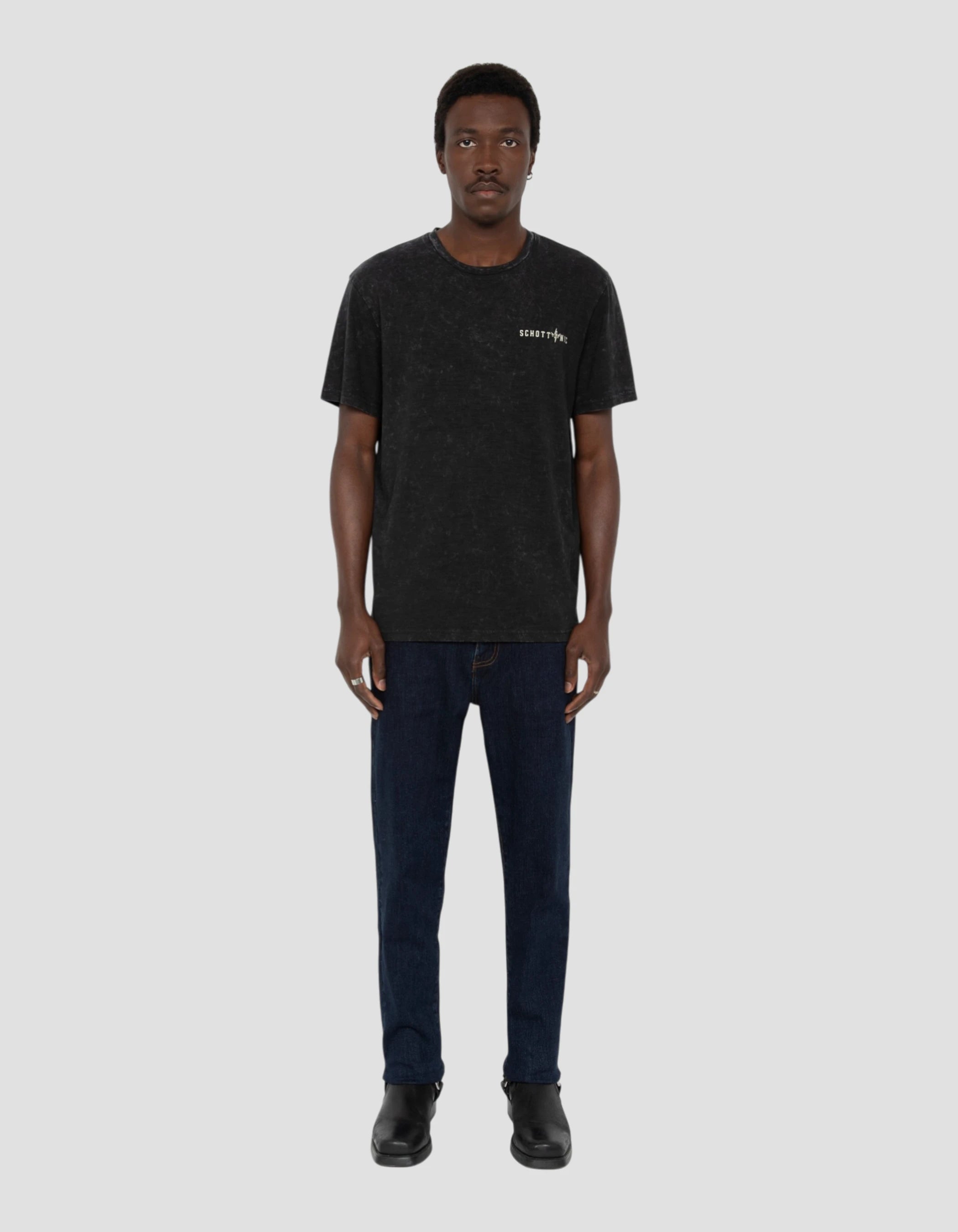 T-shirt biker noir délavé, effet flammé-1