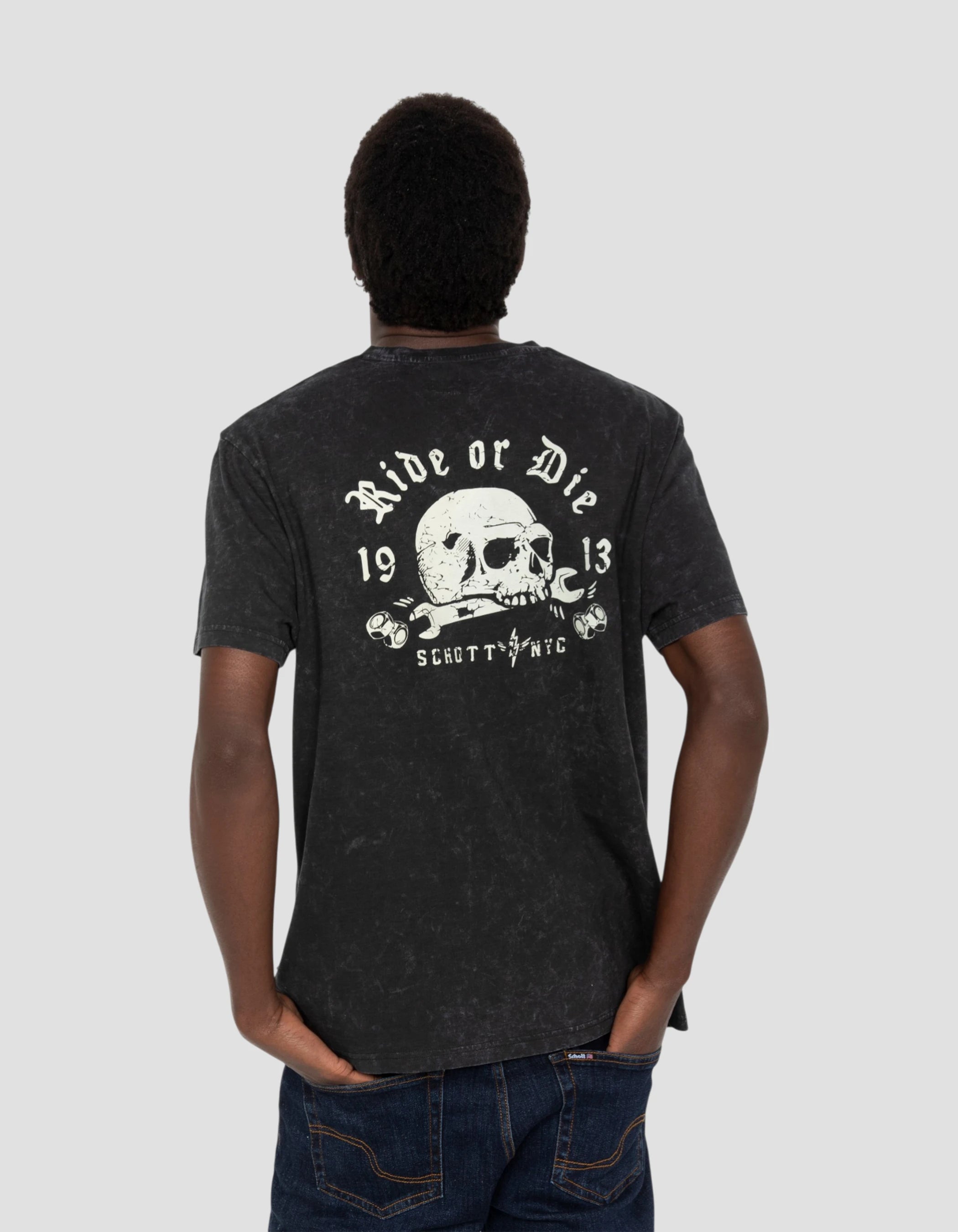 T-shirt biker noir délavé, effet flammé-5