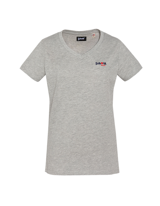 T-shirt gris chiné col V avec broderie cœur