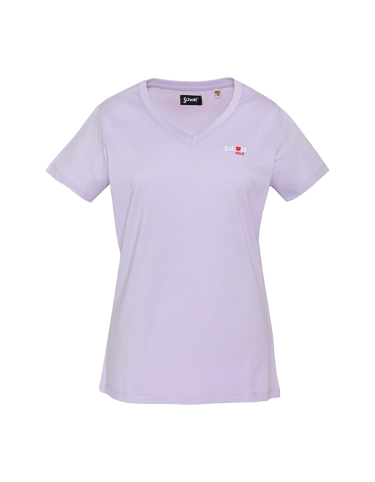 T-shirt violet pastel col V avec broderie cœur