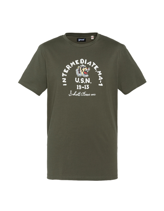 Khaki bedrucktes U.S.N. T-Shirt.