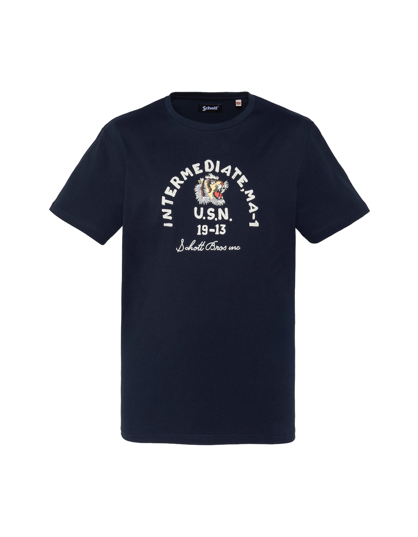 Marineblaues T-Shirt mit U.S.N. drucken.