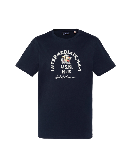 T-shirt blu navy con scritta U.S.N. stampa.