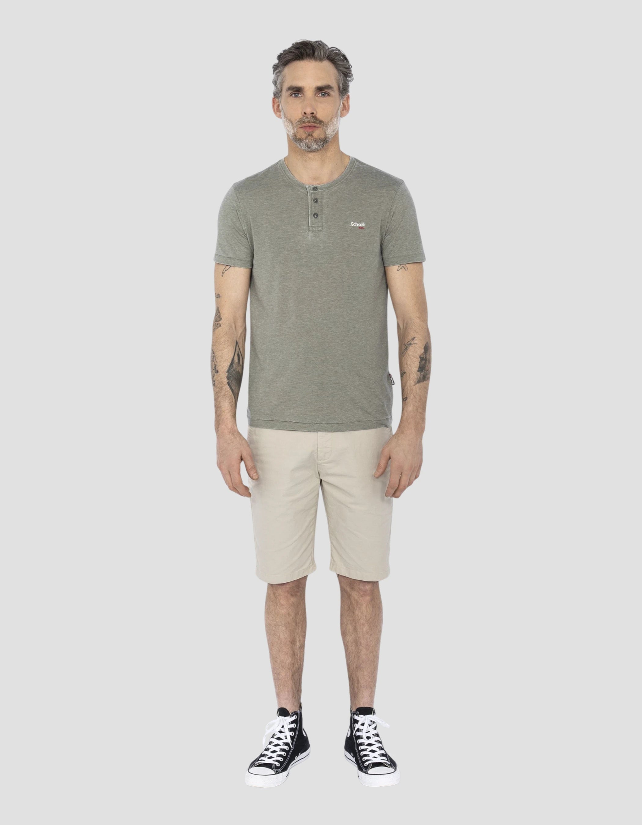T-shirt Effetto sbiadito del colletto tunisino Khaki-1