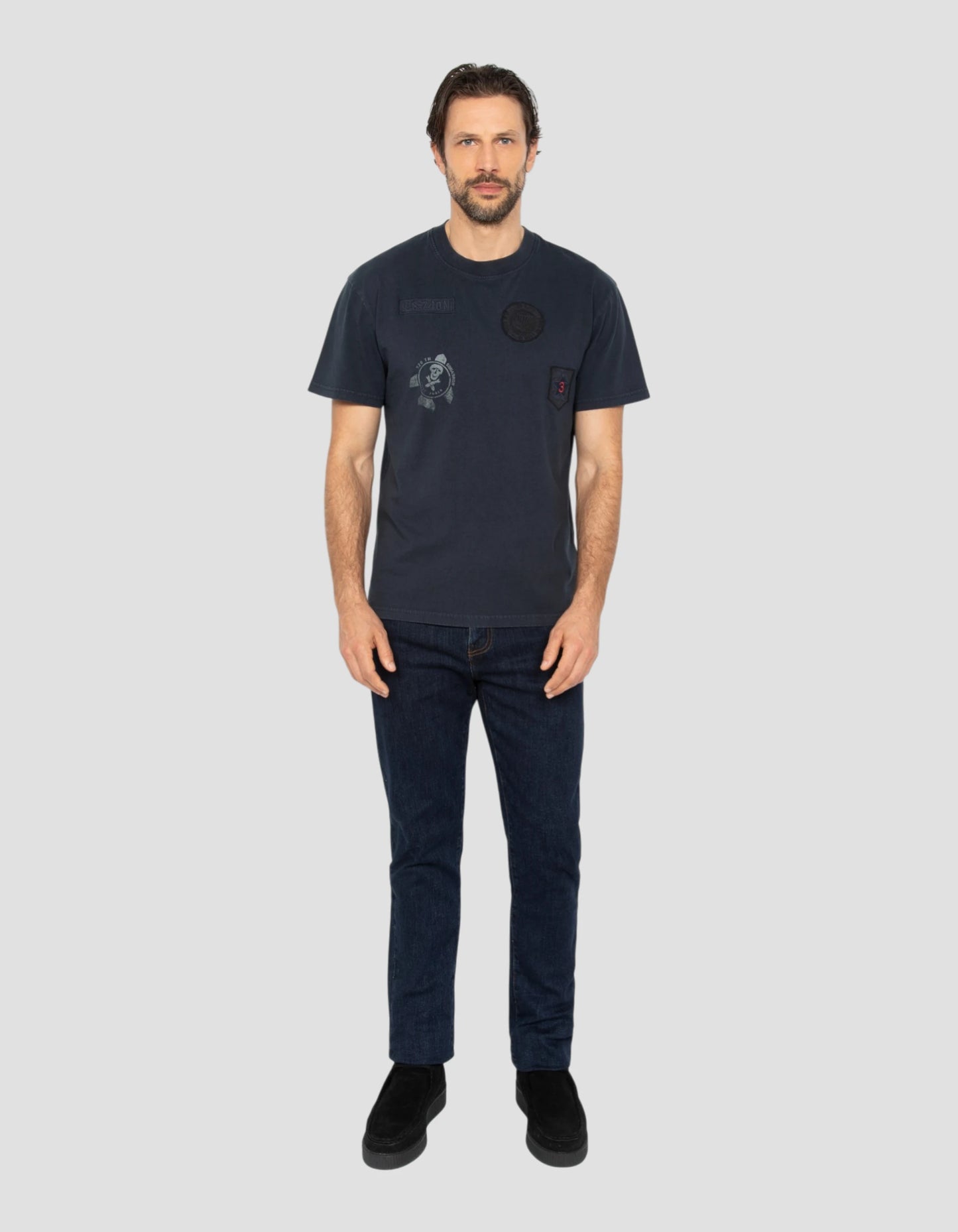 Army t-shirt patched navy blue, vintage effect