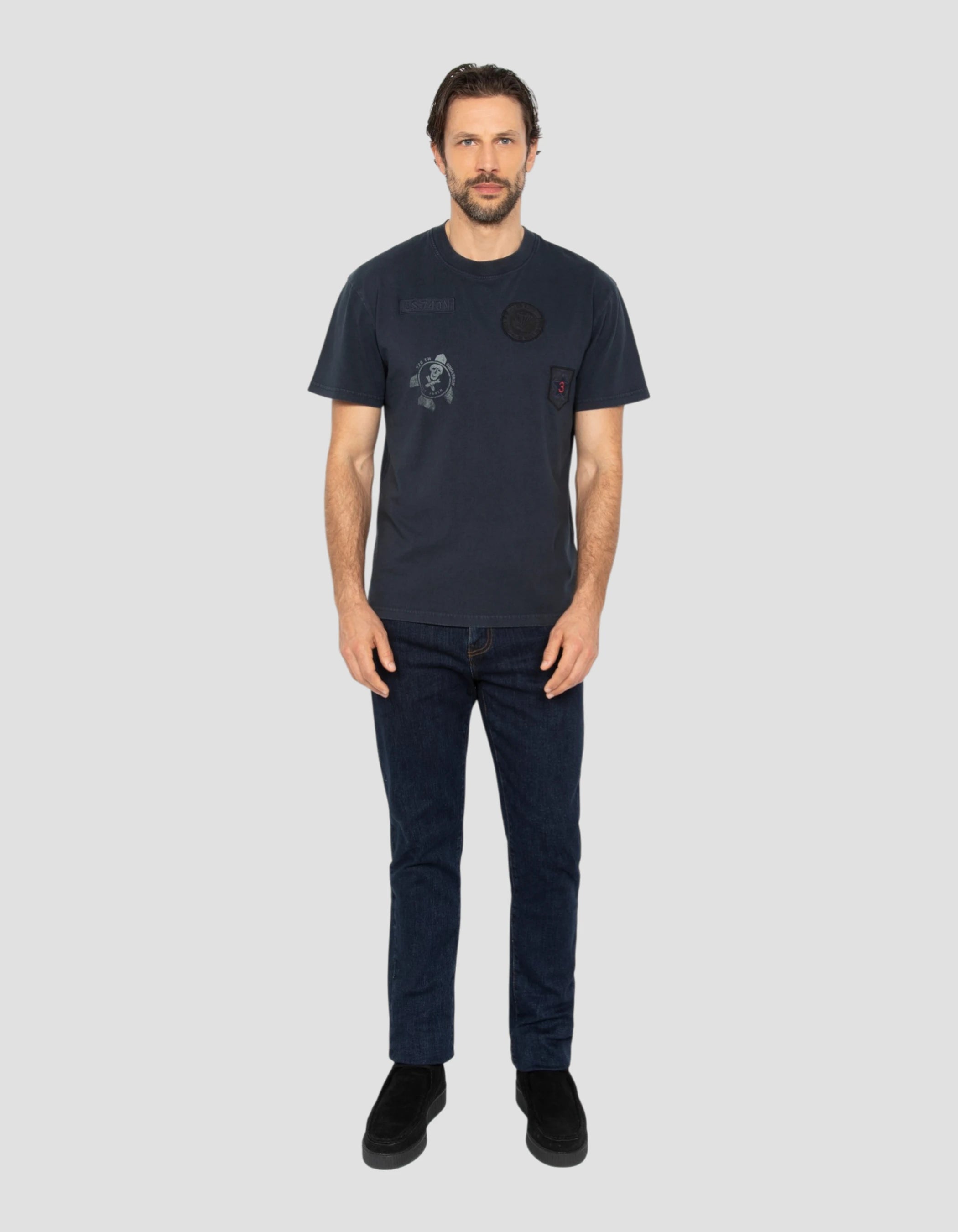 Army t-shirt patched navy blue, vintage effect-1