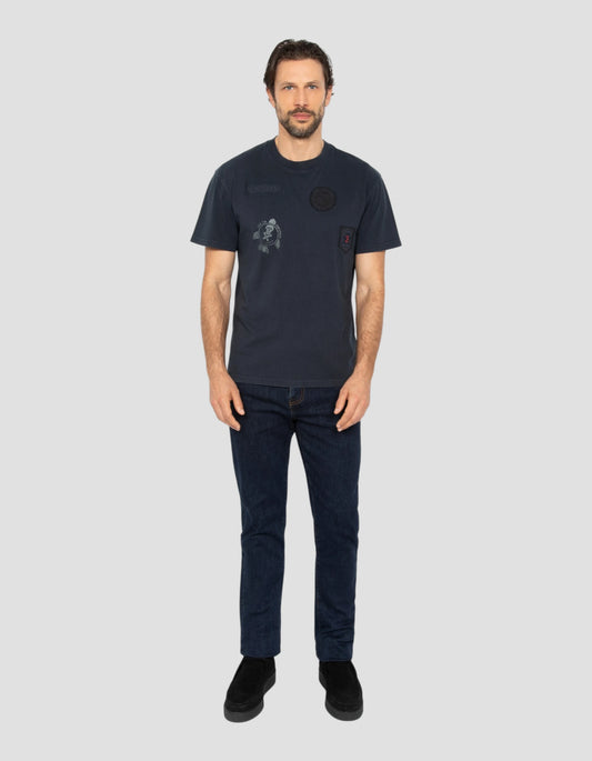 Camiseta militar con insignia azul marino, efecto vintage