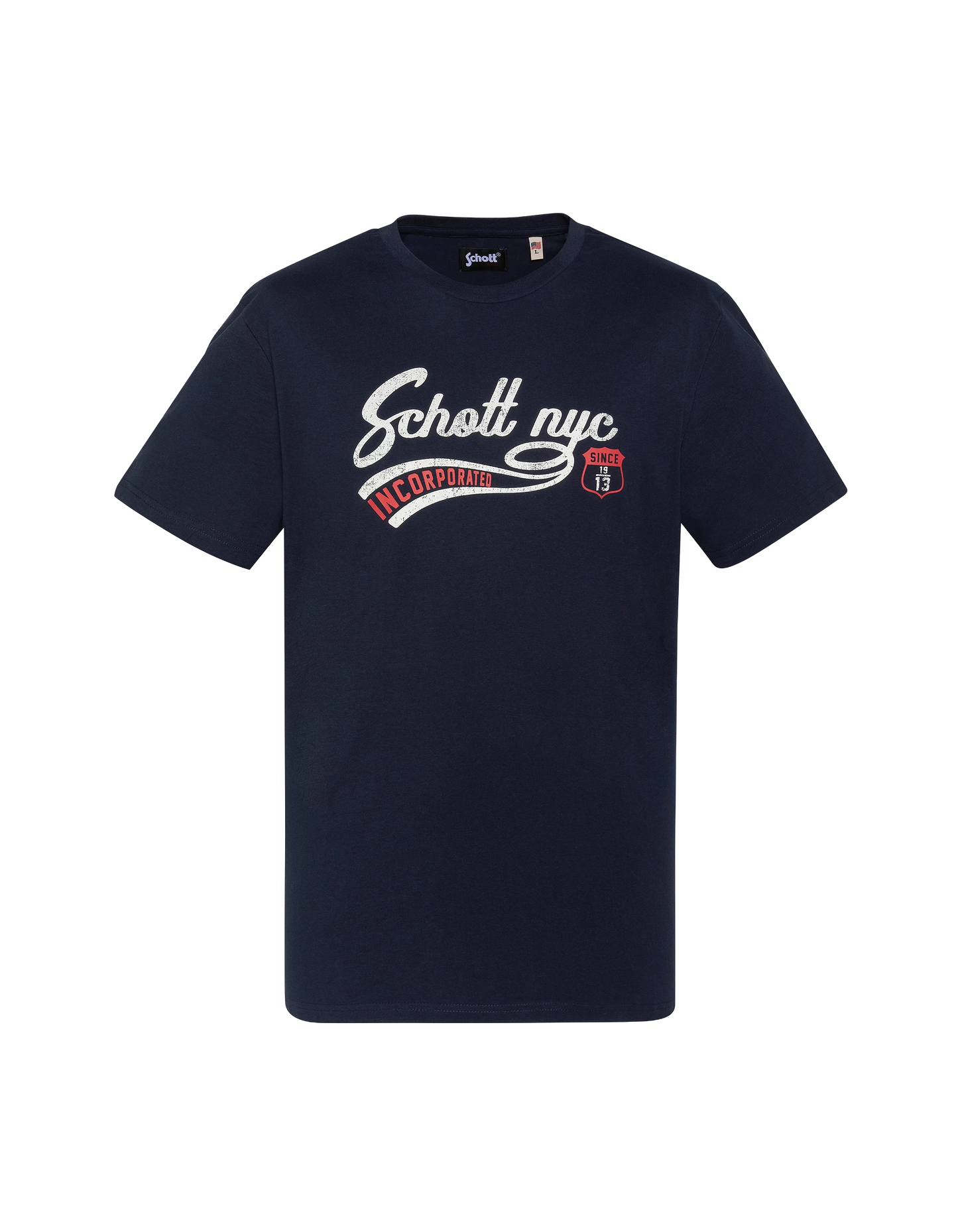 Marineblaues T-Shirt mit Vintage-Schott NYC®-Aufdruck