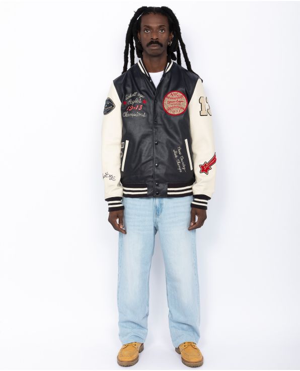 Embroidered and patched varsity jacket, lambskin leather