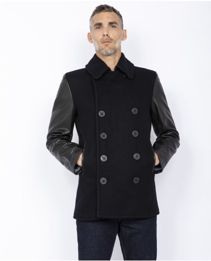 Mens Pea Coat With Leather Sleeves - Tradingbasis